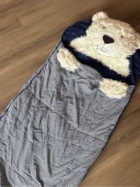 Pottery Barn Kids Striped Shaggy Head Critter Sleeping Bags nap mat blue bear